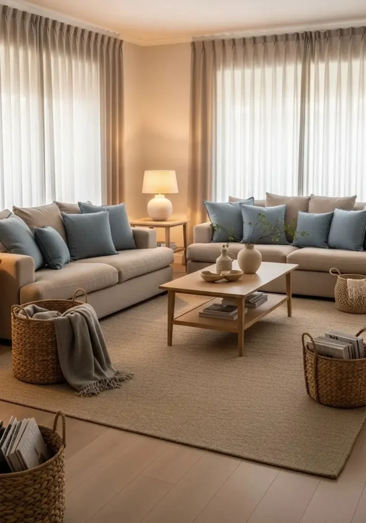 Dusty blue and beige living room with woven textures and relaxed style.