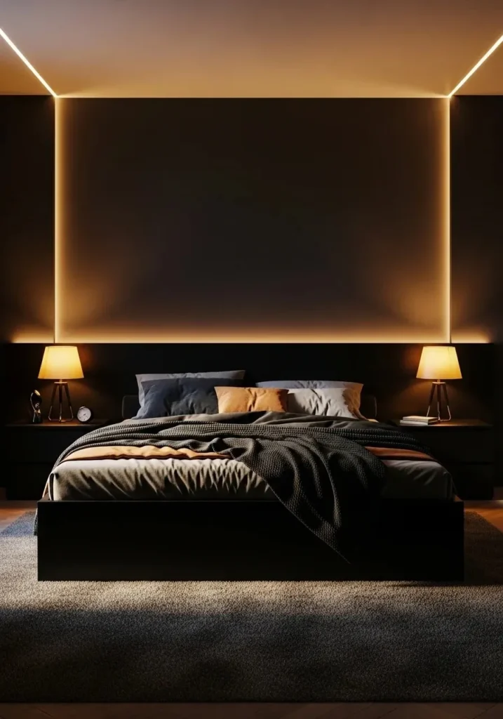 black furniture bedroom with soft lighting cozy setup