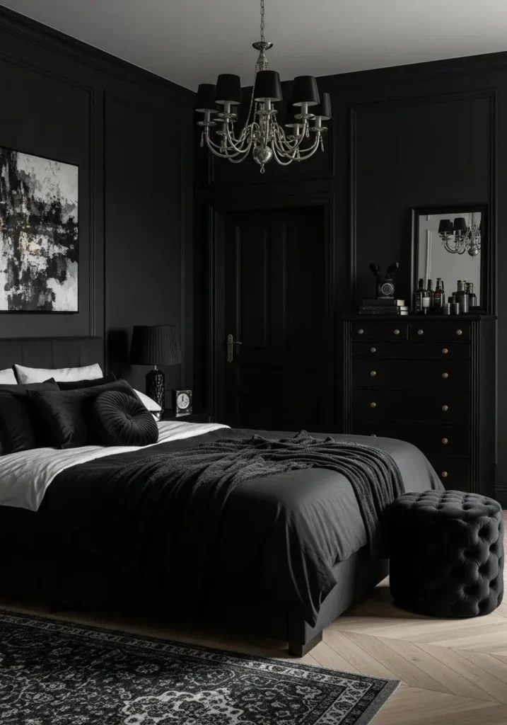 monochrome all black furniture bedroom design idea