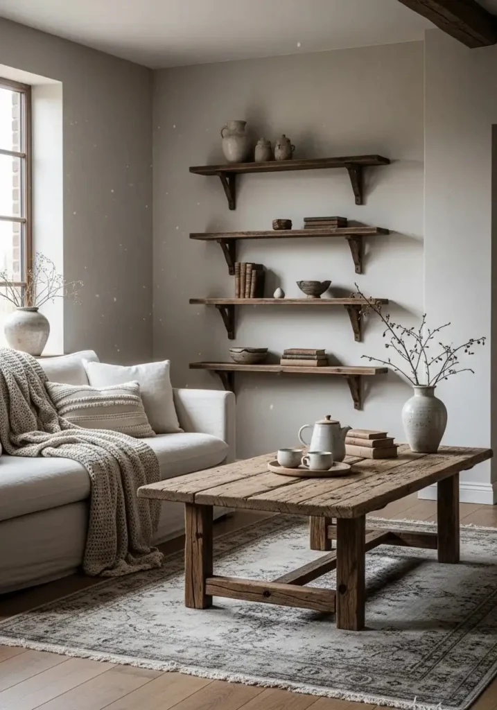 living room with aged wood furniture showing natural grain and texture