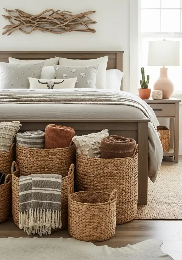 Coastal cowgirl bedroom featuring woven baskets for storage and décor.