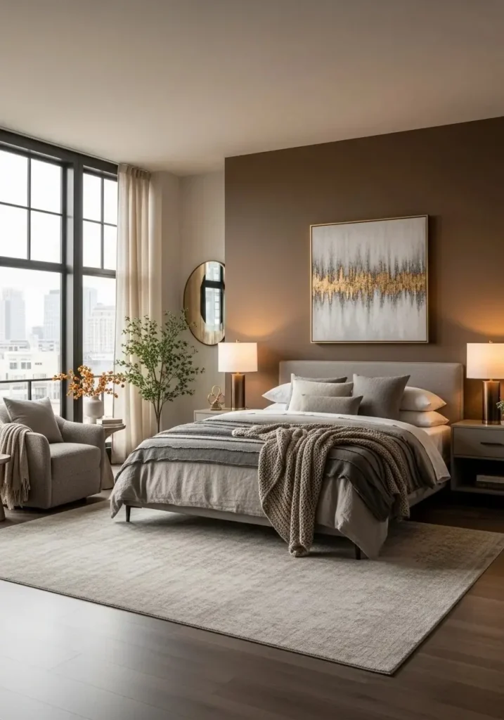 Urban bronze bedroom with cozy area rug adding warmth and texture