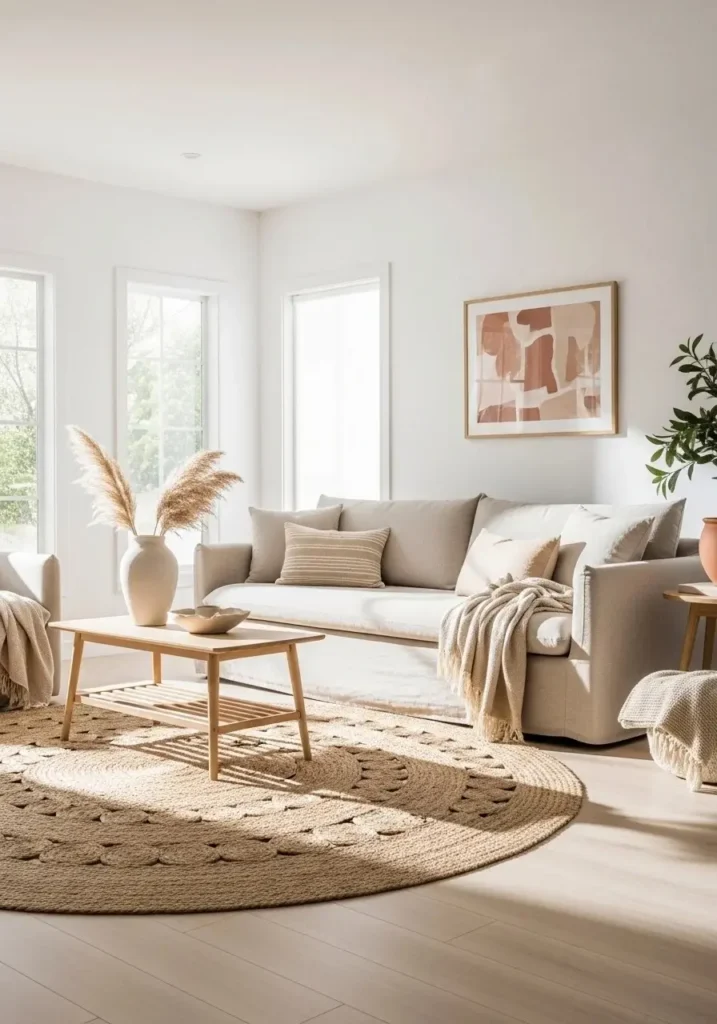 Neutral beach living room with beige and white tones creating a calm airy space