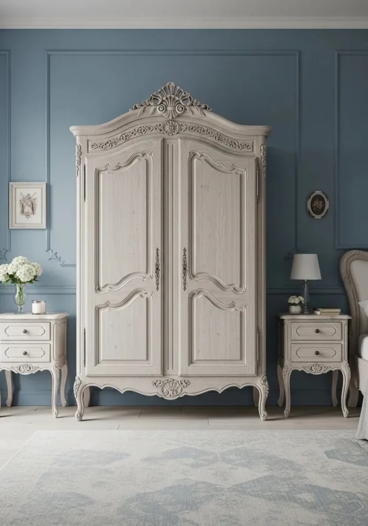 French-inspired bedroom furniture in white and light wood paired with soft french blue walls