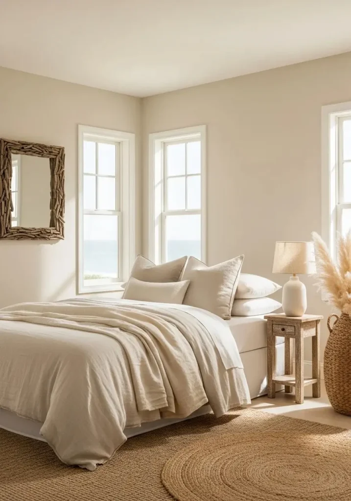 Coastal cowgirl bedroom with soft sand-colored walls, airy linen bedding, and natural decor accents.