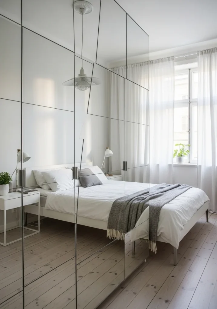 Mirrored wardrobe doors making a small bedroom feel larger and brighter