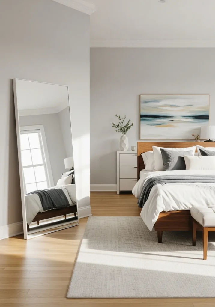 Bedroom with tall decorative mirror reflecting light to create spacious grown woman bedroom