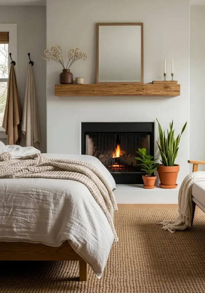 Wood mantel fireplace adding warmth to cozy bedroom