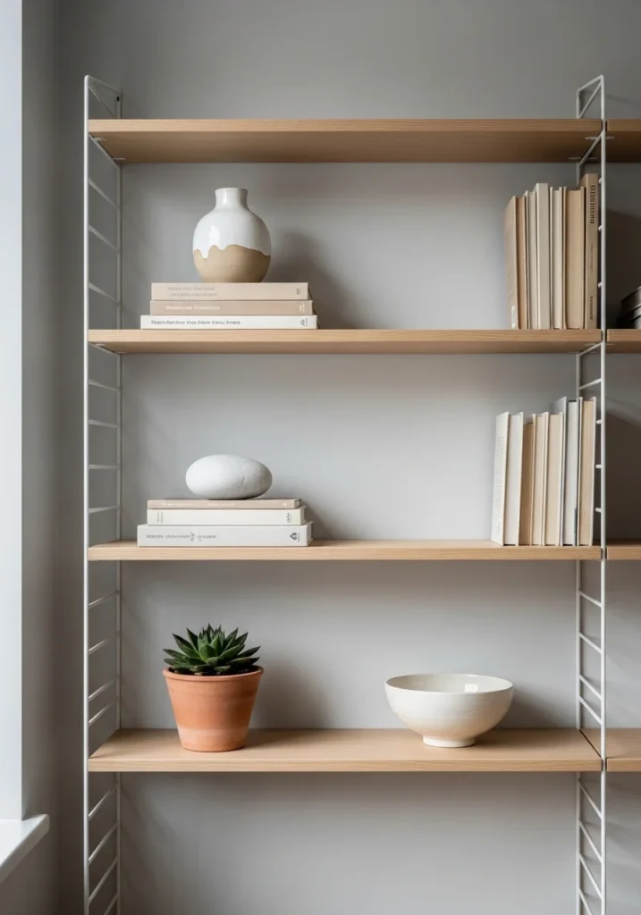 Open shelving in beach living room with light minimal styling