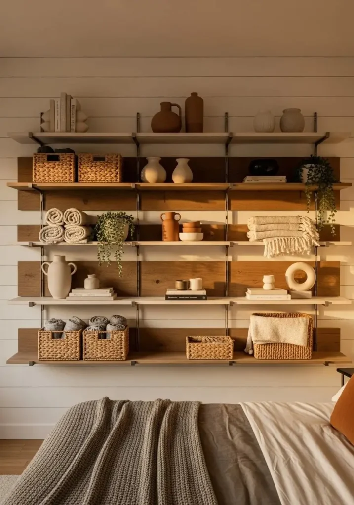 Floating shelves with mixed materials adding texture and depth to bedroom decor