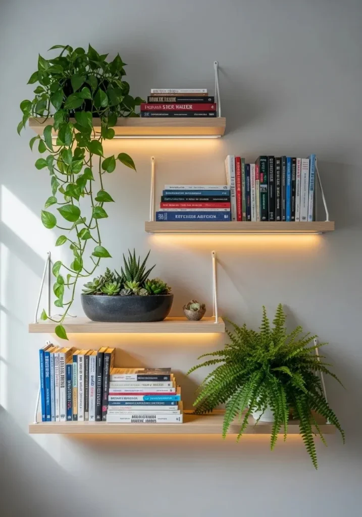 Floating shelves lit with string lights creating warm ambient bedroom decor