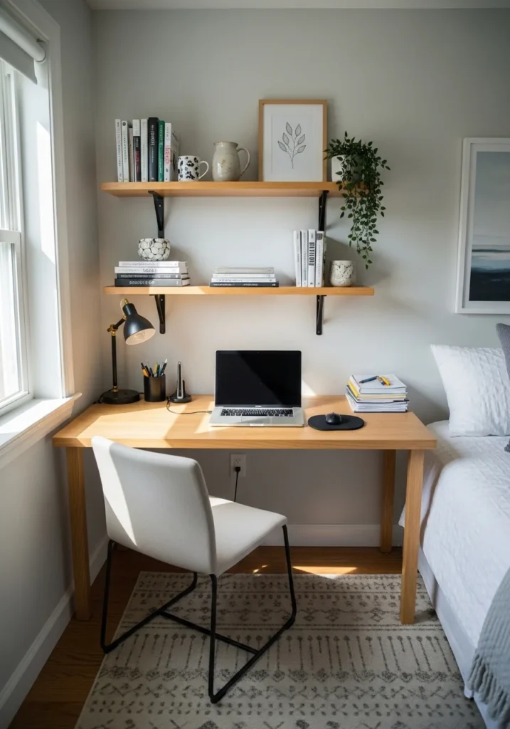 Floating shelves above desk for organized and stylish bedroom workspace