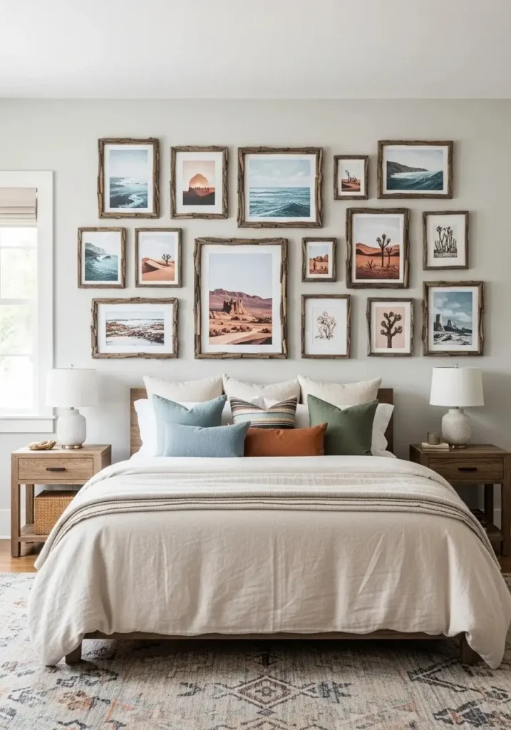 Coastal cowgirl bedroom gallery wall with coastal and Western artwork in driftwood frames.