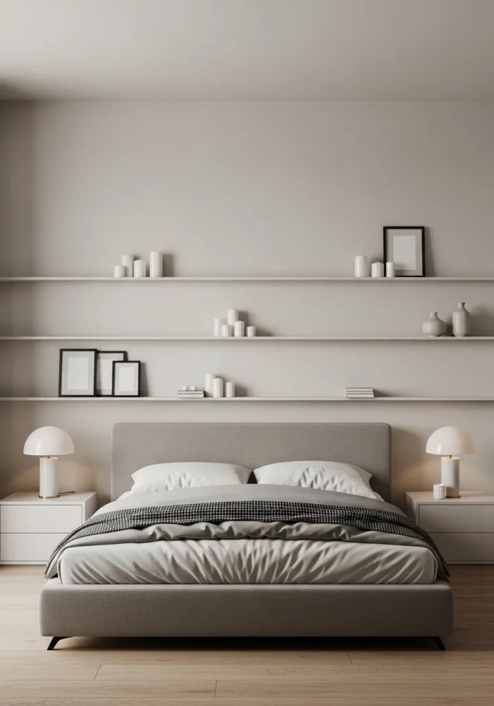 Slim floating shelves for a clean and minimal modern bedroom aesthetic