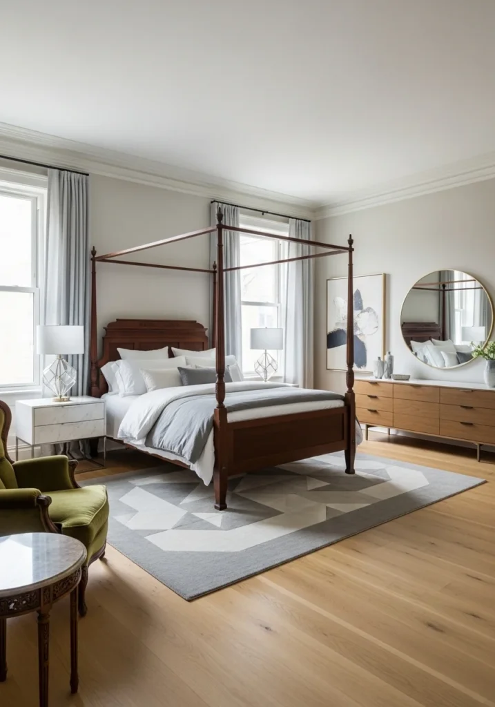 mix antique and modern bedroom decor balanced design