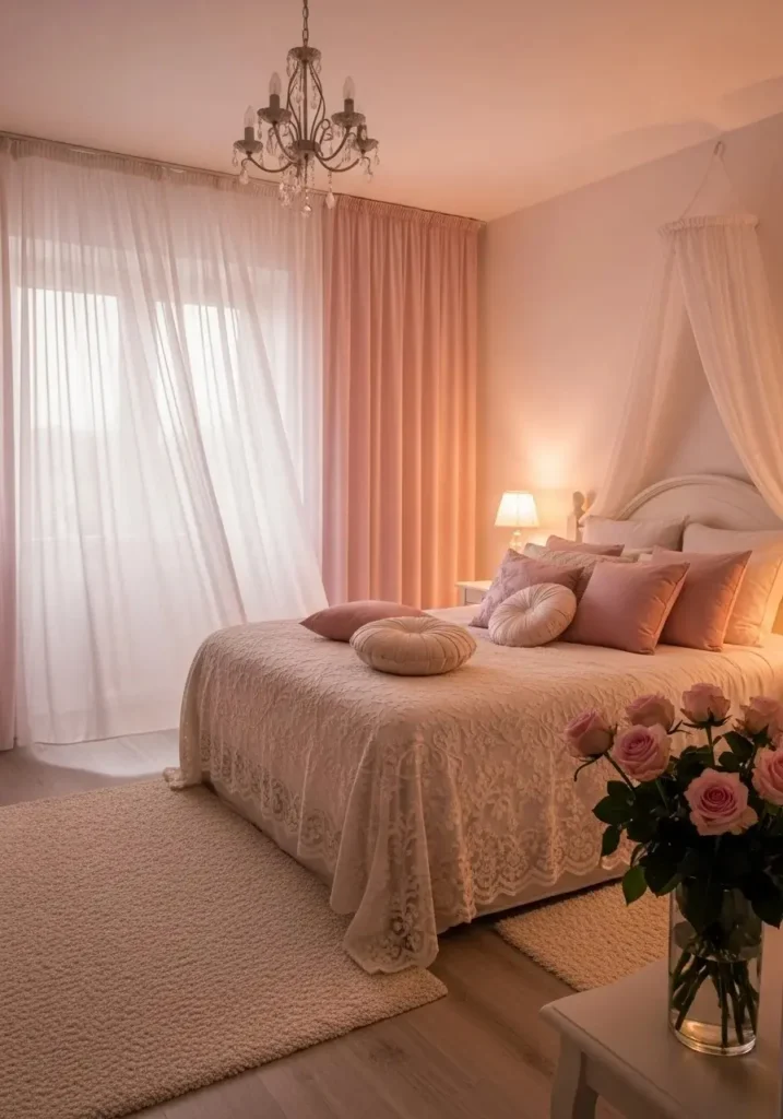 Romantic bedroom with soft feminine decor and sheer curtains