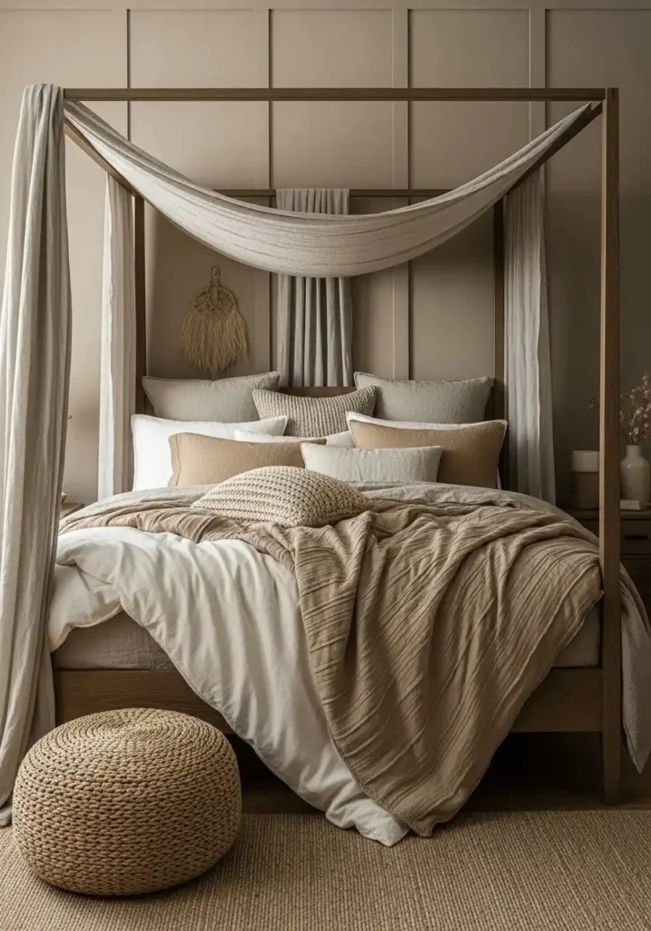 Monochromatic canopy bed with uniform shades creating a calm, cohesive bedroom look.