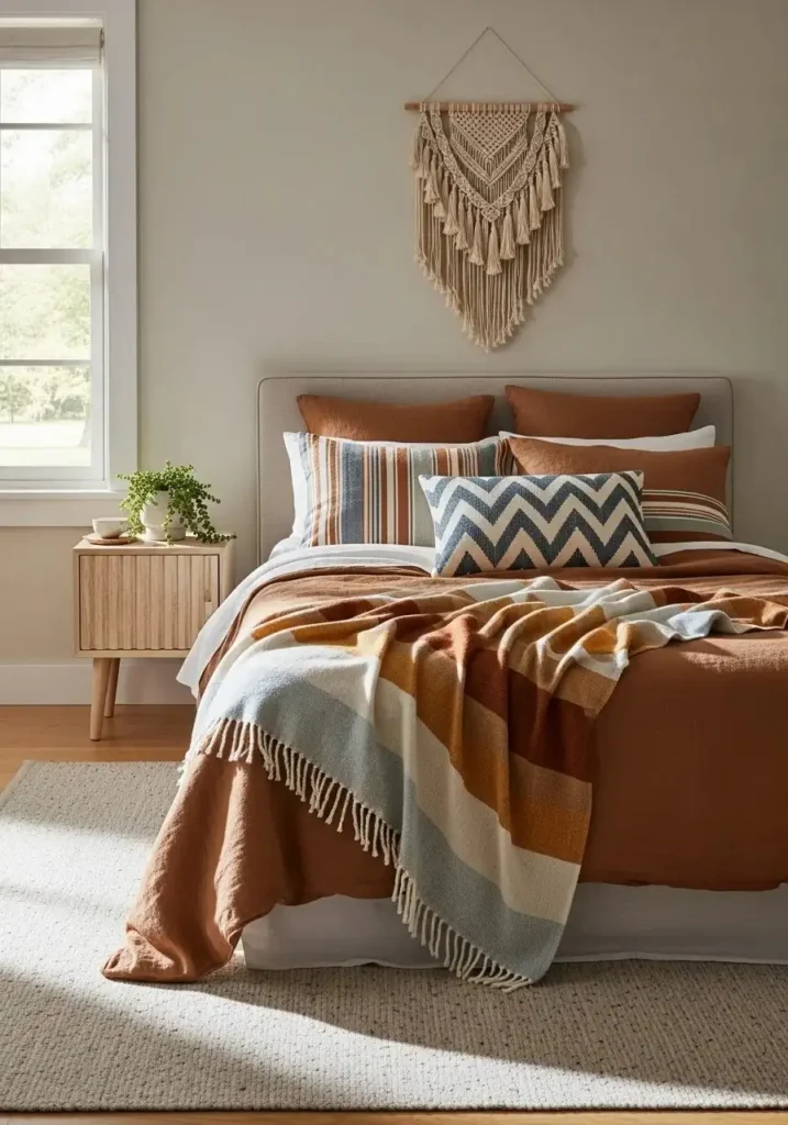 Coastal cowgirl bedroom bedding with patterned throws and pillows in neutral and blue tones.