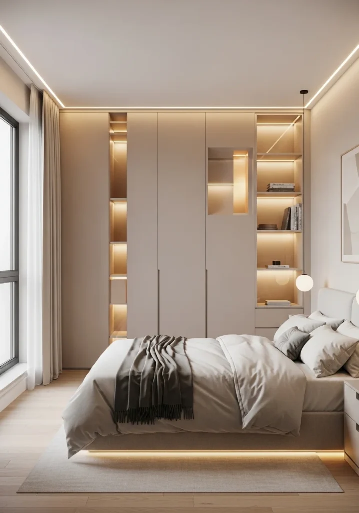 Floor-to-ceiling wardrobe design in a neutral bedroom creating a seamless and spacious look