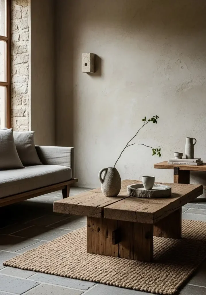living room with natural stone decor elements like vase and tray