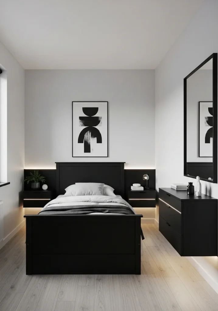 black velvet upholstered headboard, soft bedding, elegant bedroom with warm lighting