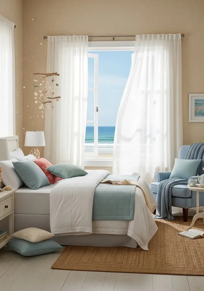 Coastal granddaughter bedroom with sheer curtains letting in sunlight for a light, airy, and beach-inspired feel