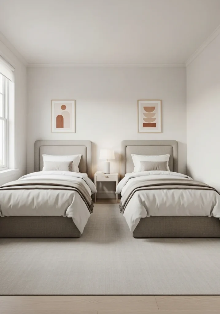Matching headboards on twin beds creating a cohesive and polished guest room design.