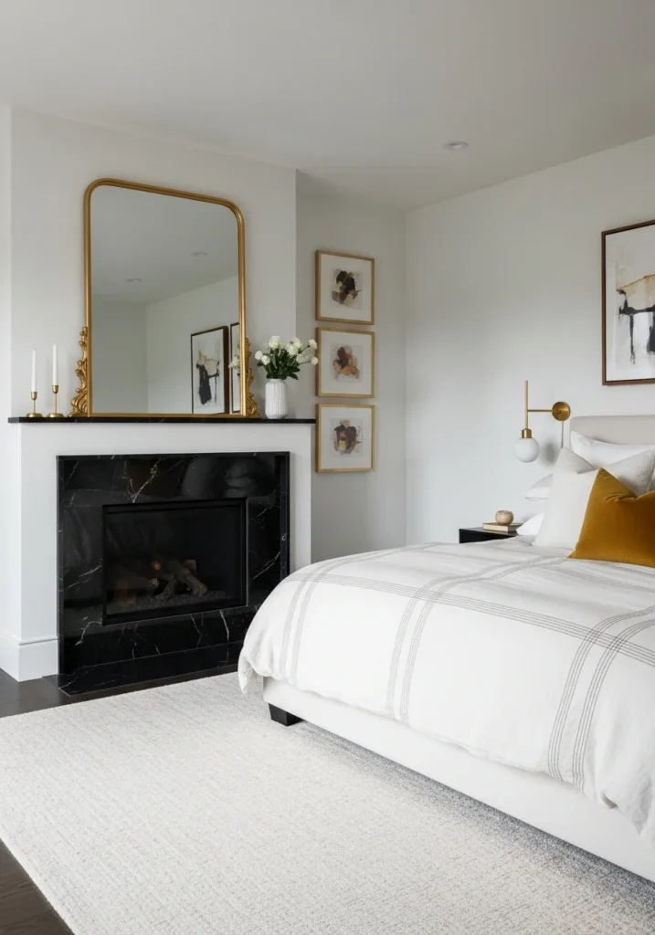 Black fireplace in bedroom with modern luxury decor