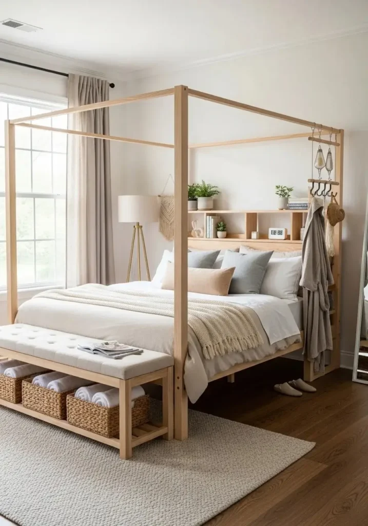 Functional canopy bed with built-in storage shelves and baskets in a cozy bedroom.