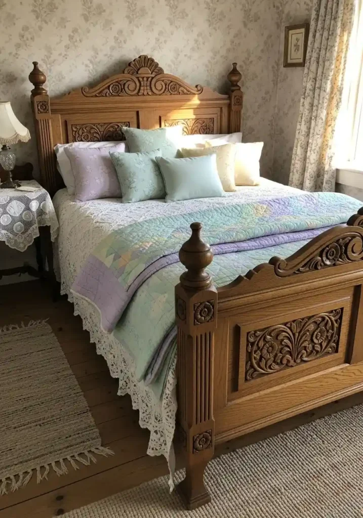 Antique oak wooden bed with lace bedspread and pastel pillows in a cozy vintage cottage bedroom.