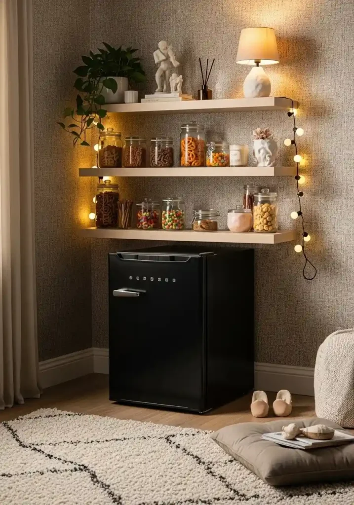 cozy snack corner mini fridge bedroom ideas