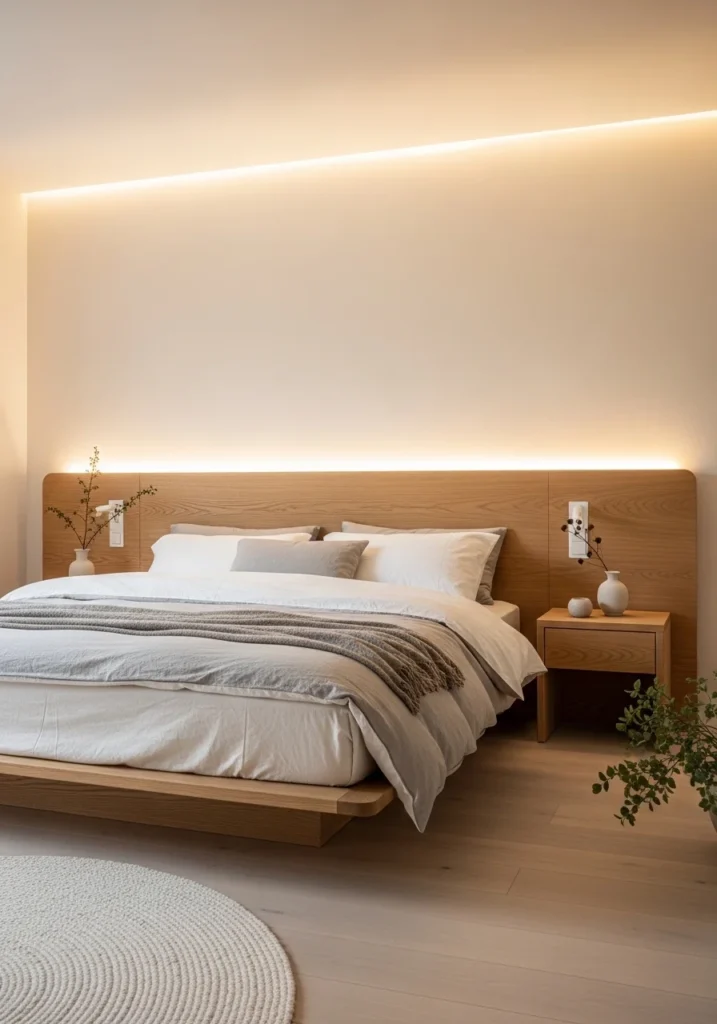 Japandi bedroom with a statement wooden headboard that adds warmth and focus.