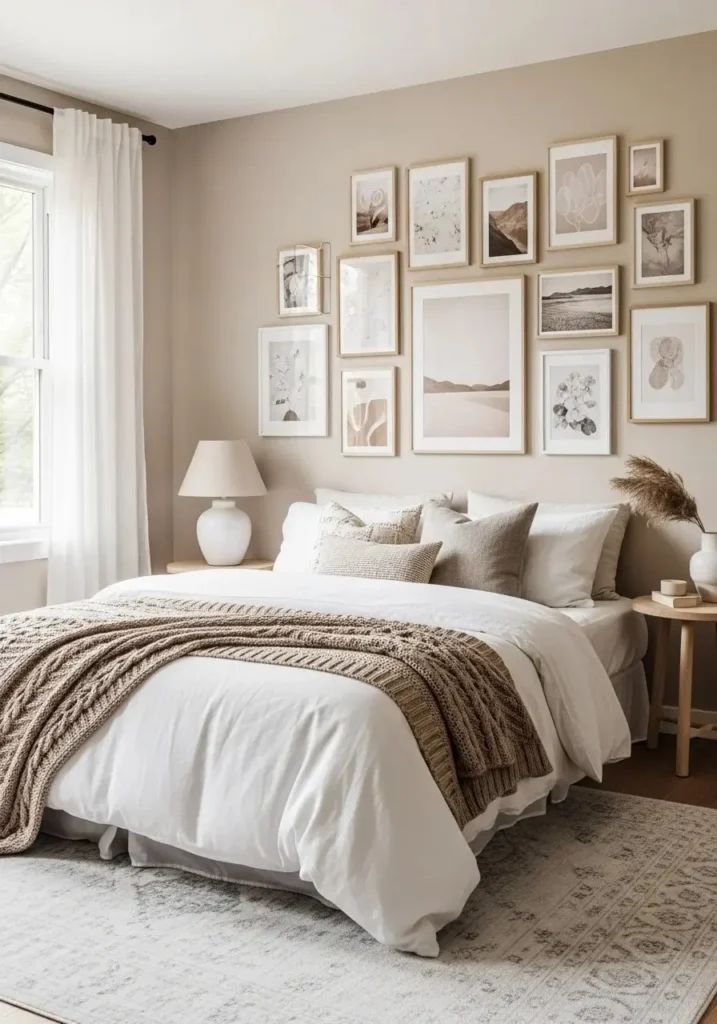 Bedroom gallery wall with personal photos and aesthetic art