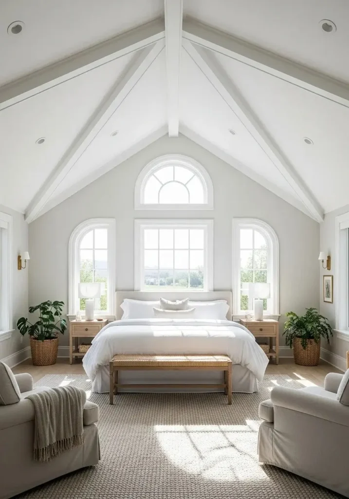 bright white vaulted ceiling bedroom airy design