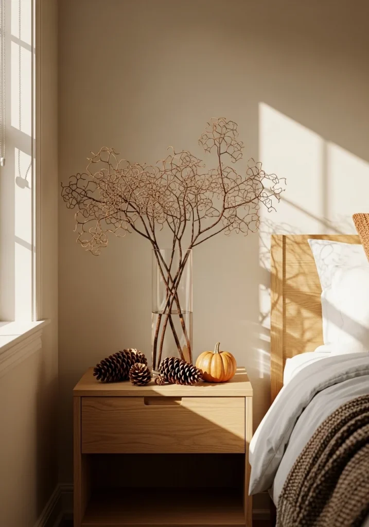 Moody natural elements in bedroom including dried branches, pinecones, and a pumpkin for Halloween style