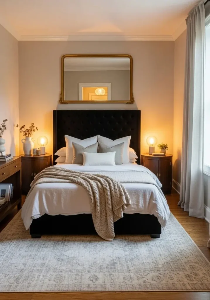 black upholstered headboard cozy elegant bedroom idea