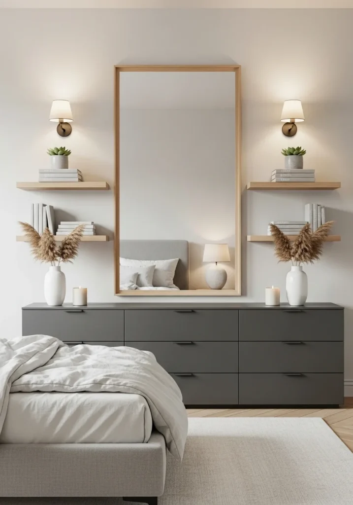 Floating shelves framing a mirror for a balanced and elegant bedroom design