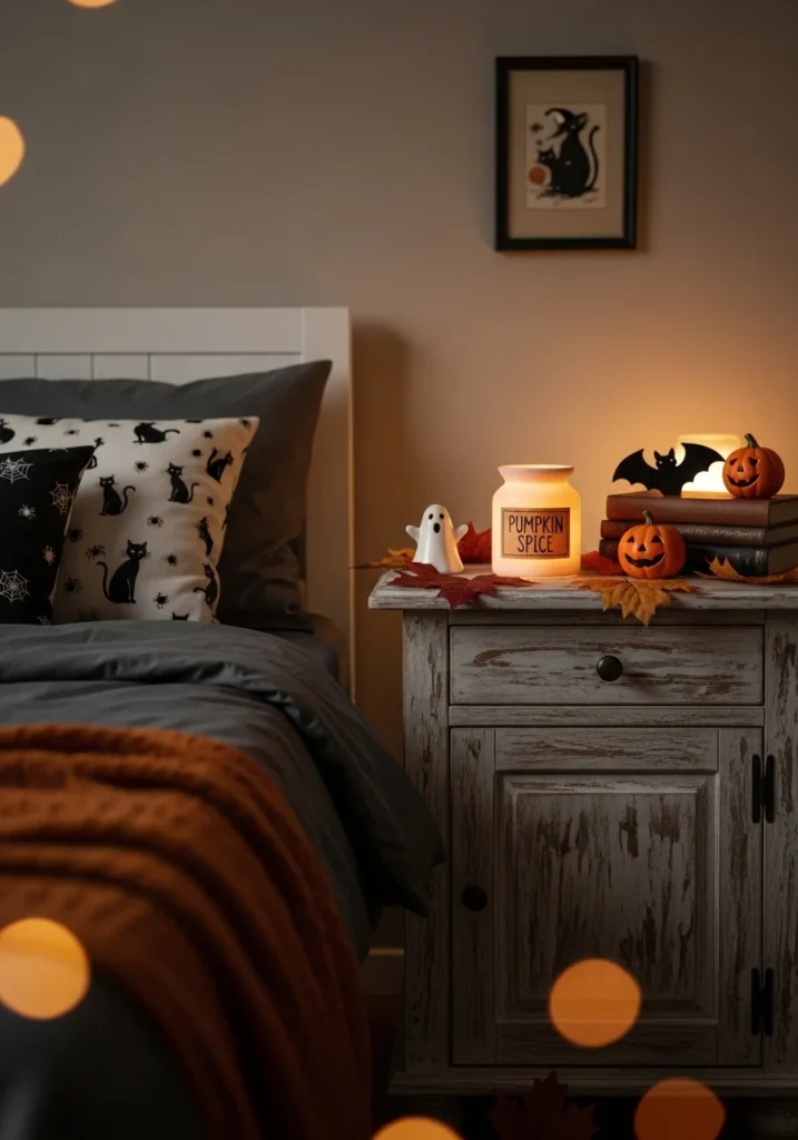 Bedroom nightstand featuring pumpkin spice diffuser and Halloween decor for seasonal scent layering.