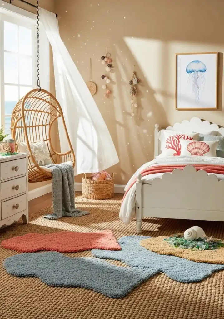 Coastal granddaughter bedroom with layered rugs in soft blues, muted coral, and beige for comfort and charm