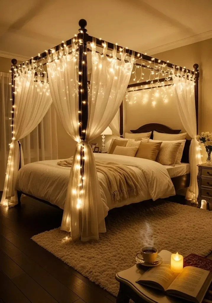 String lights wrapped around canopy bed creating a romantic luxury feel