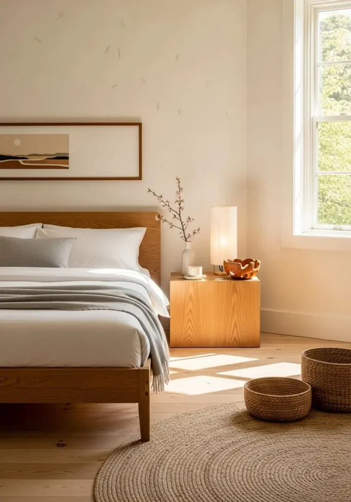 Japandi bedroom showcasing natural wood elements in light and medium tones.