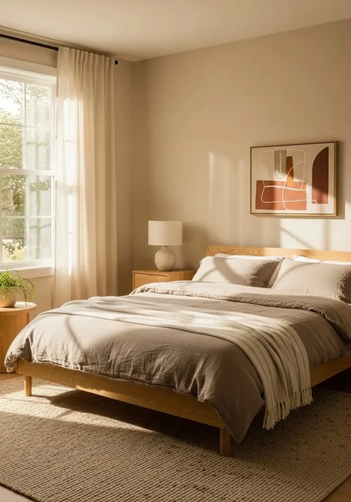 Neutral-toned Japandi bedroom with beige walls, light wood furniture, and soft linen bedding.