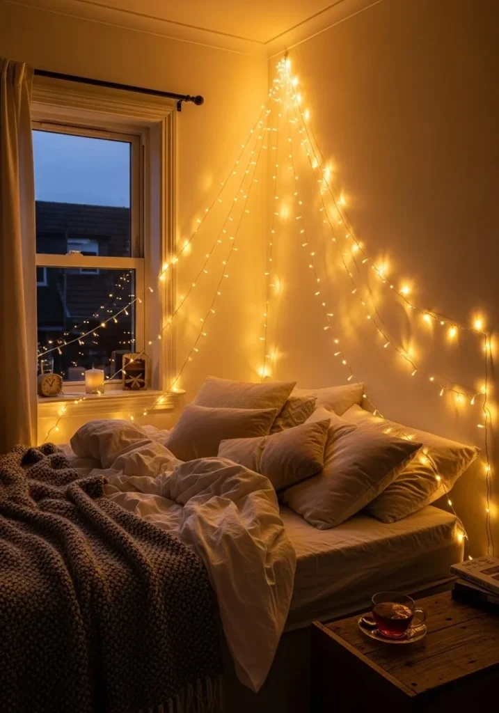 Ceiling corner string lights creating a soft tent-like bedroom glow