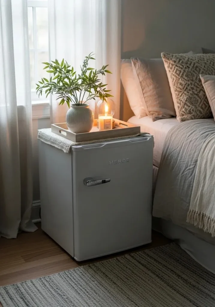 mini fridge styled with decor on top bedroom idea
