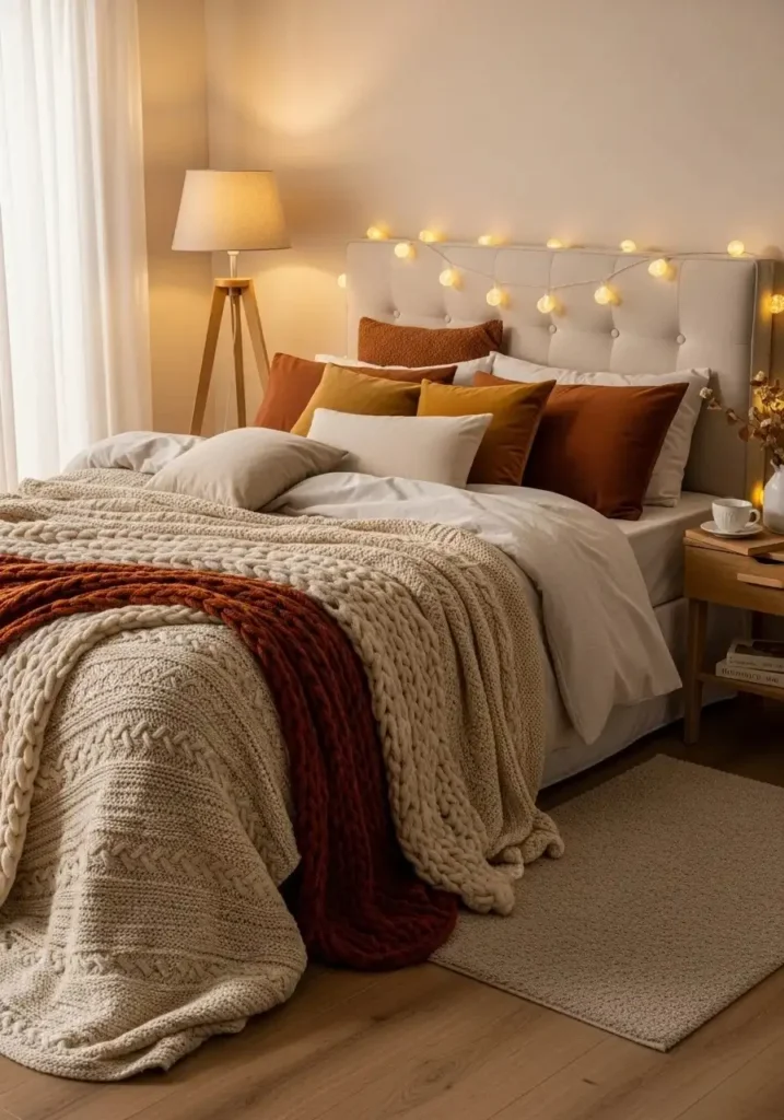 Cozy bedroom with layered textures and warm aesthetic design