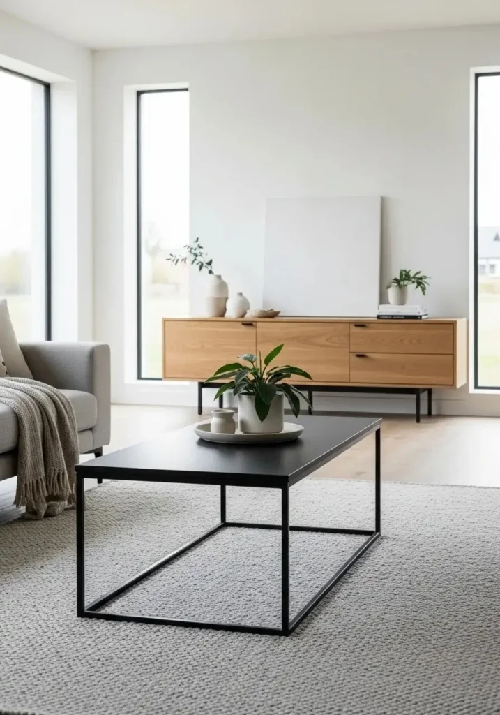 Black coffee table paired with natural wood sideboard, minimal decor, and indoor plant, adding warmth to a stylish living room