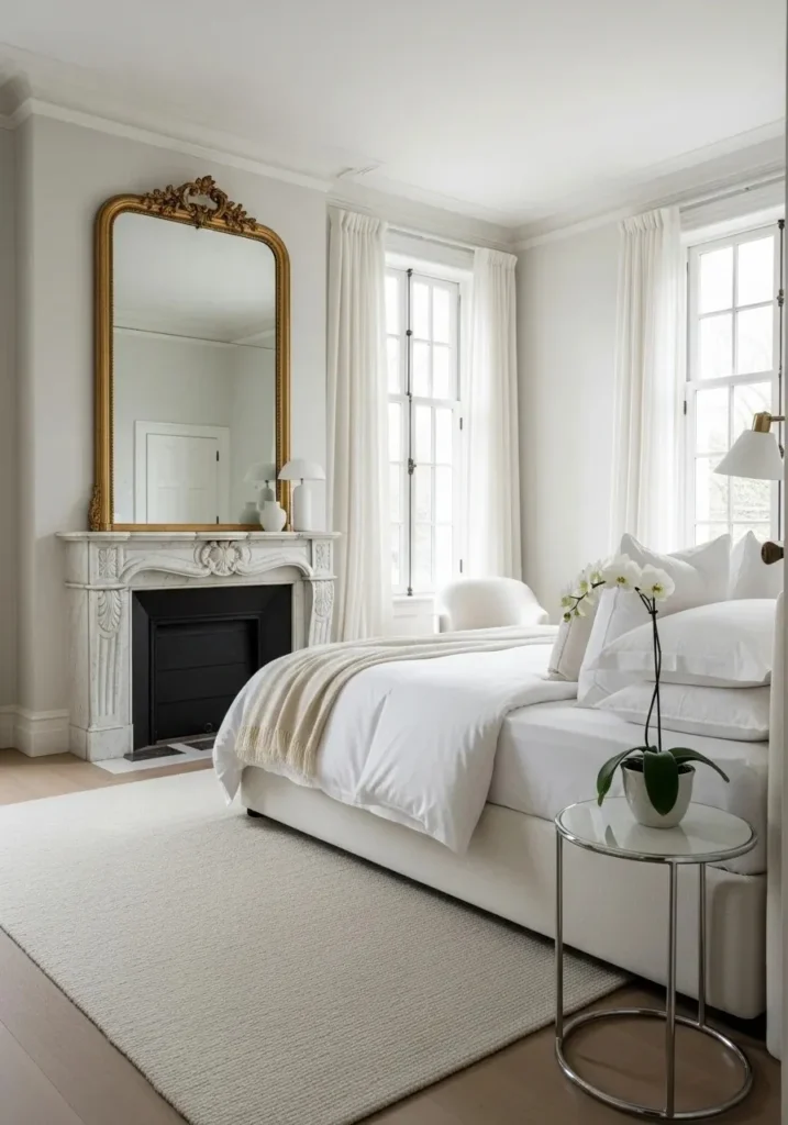 Marble fireplace in elegant bedroom with soft neutral decor