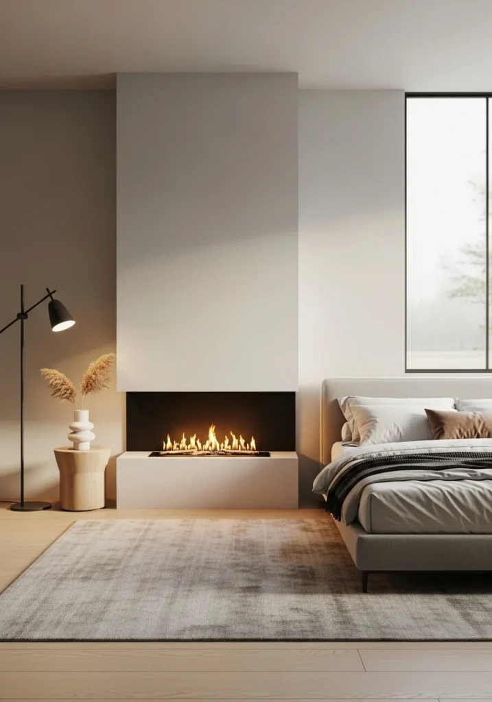 Floor-level fireplace in minimalist modern bedroom