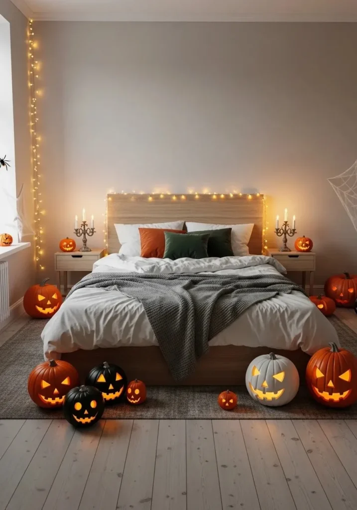 Simple furniture in Halloween bedroom with neutral tones allowing seasonal decor to stand out