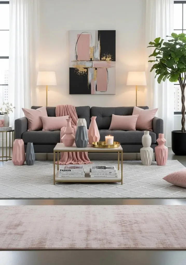 Charcoal and blush living room with subtle drama and metallic accents.